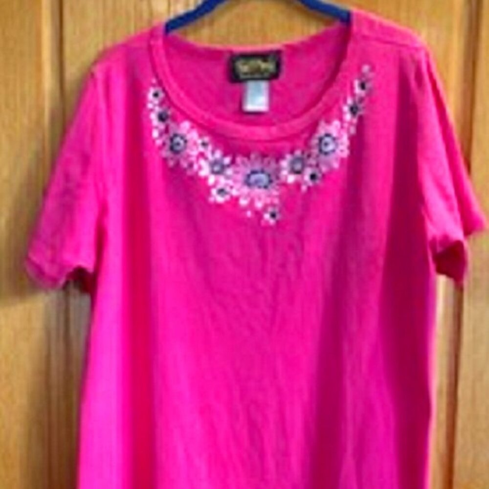 Bob Mackie 100% Cotton Wearable Art Pink Straight Dress Floral Embroidered 1X